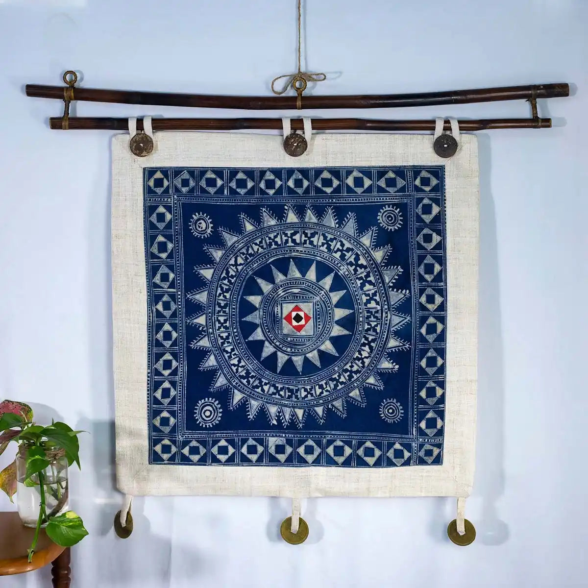 Vindigo indigo hemp batik square tapestry hanging with plants