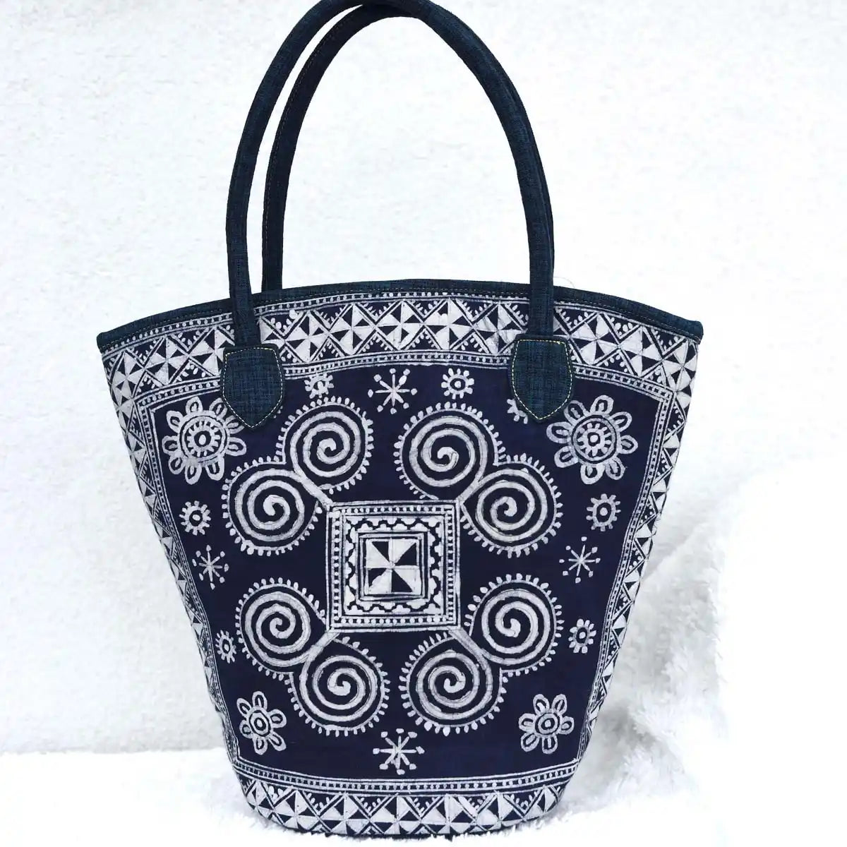 Vindigo batik tote front view with spiral motifs