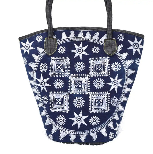 Vindigo indigo batik H'Mong tote bag front view