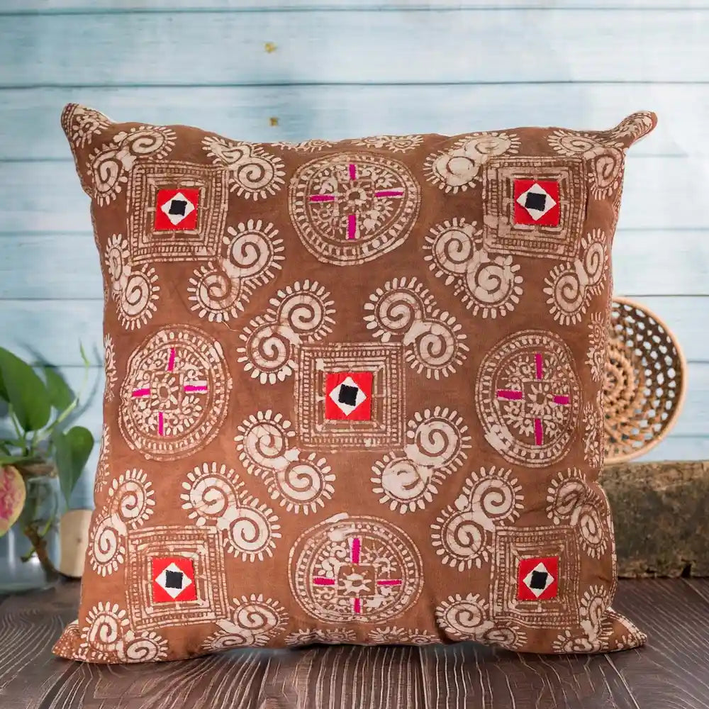 Vindigo brown cotton cushion cover with Hmong batik spiral pattern front view