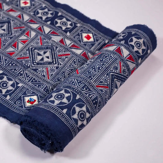 Vindigo blue hemp fabric roll with geometric pattern