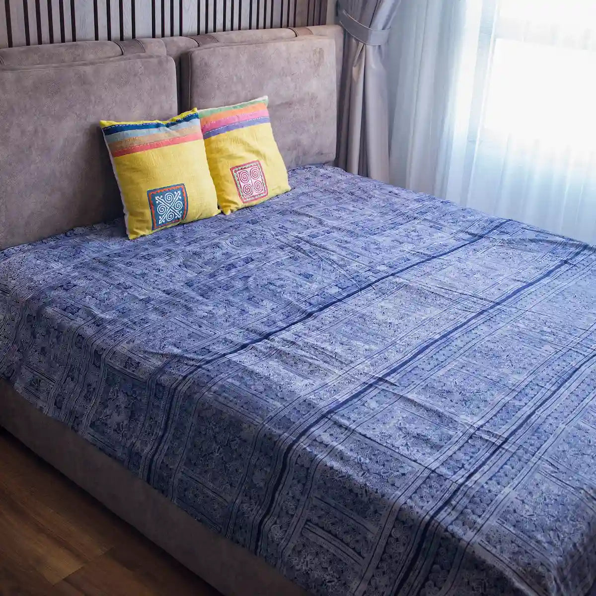 Vindigo indigo cotton bed cover with Hmong embroidery front view