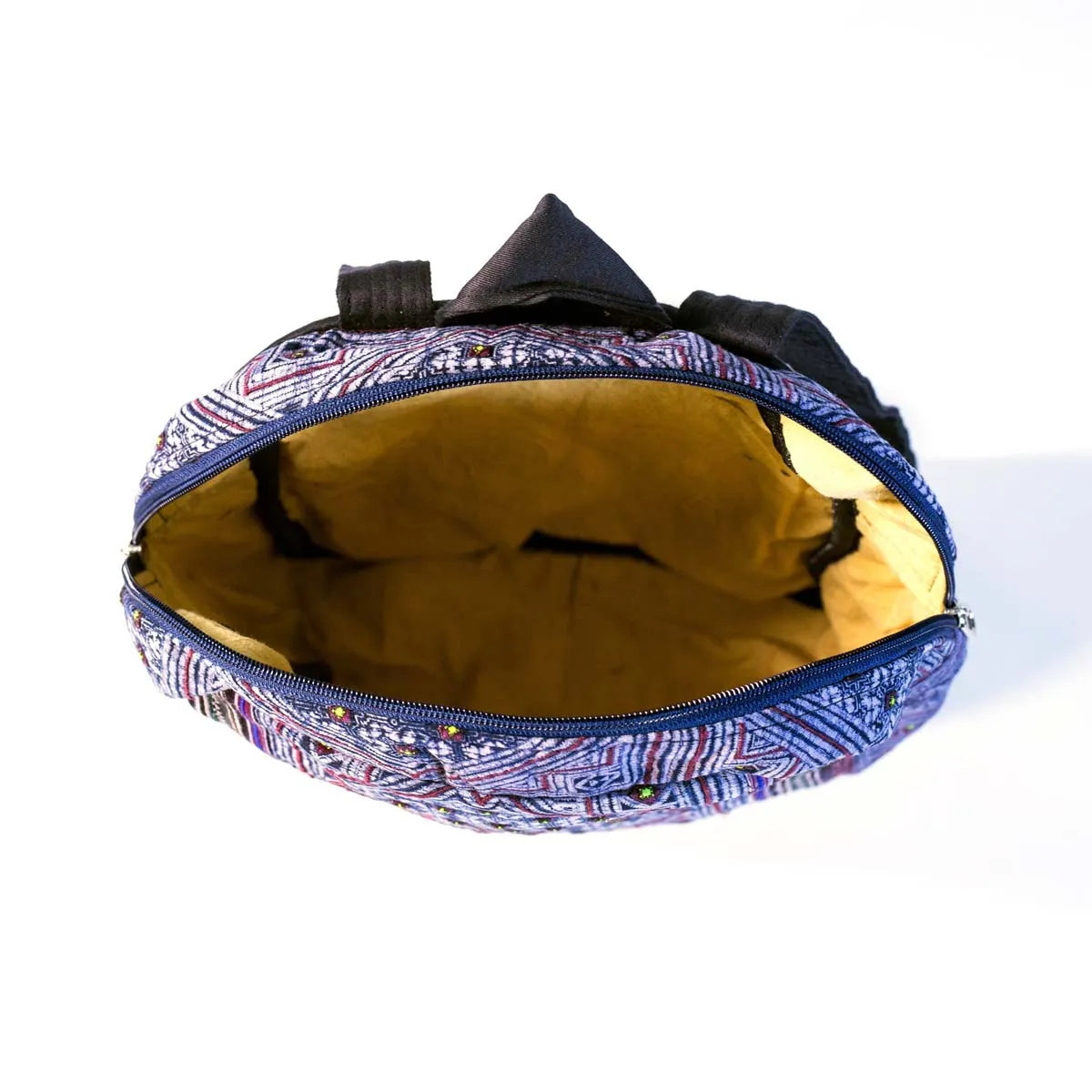 Vindigo purple hemp geometric backpack open interior with yellow lining