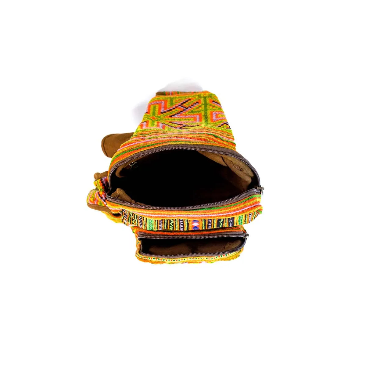 Vindigo multicolor hemp tribal sling bag open interior view