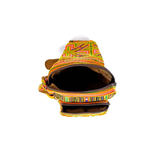 Vindigo multicolor hemp tribal sling bag open interior view