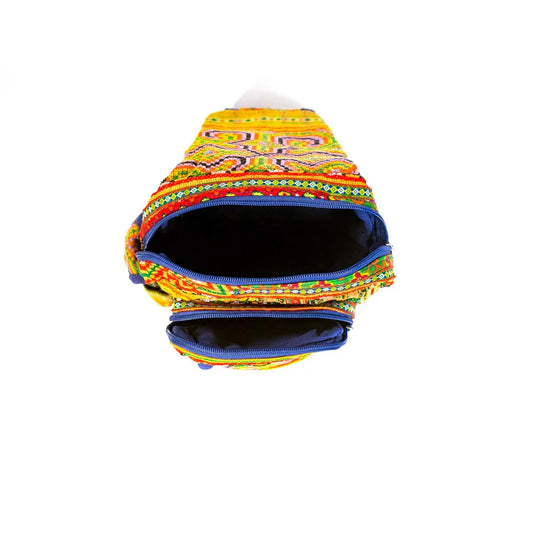 Vindigo yellow hemp tribal sling bag open interior view