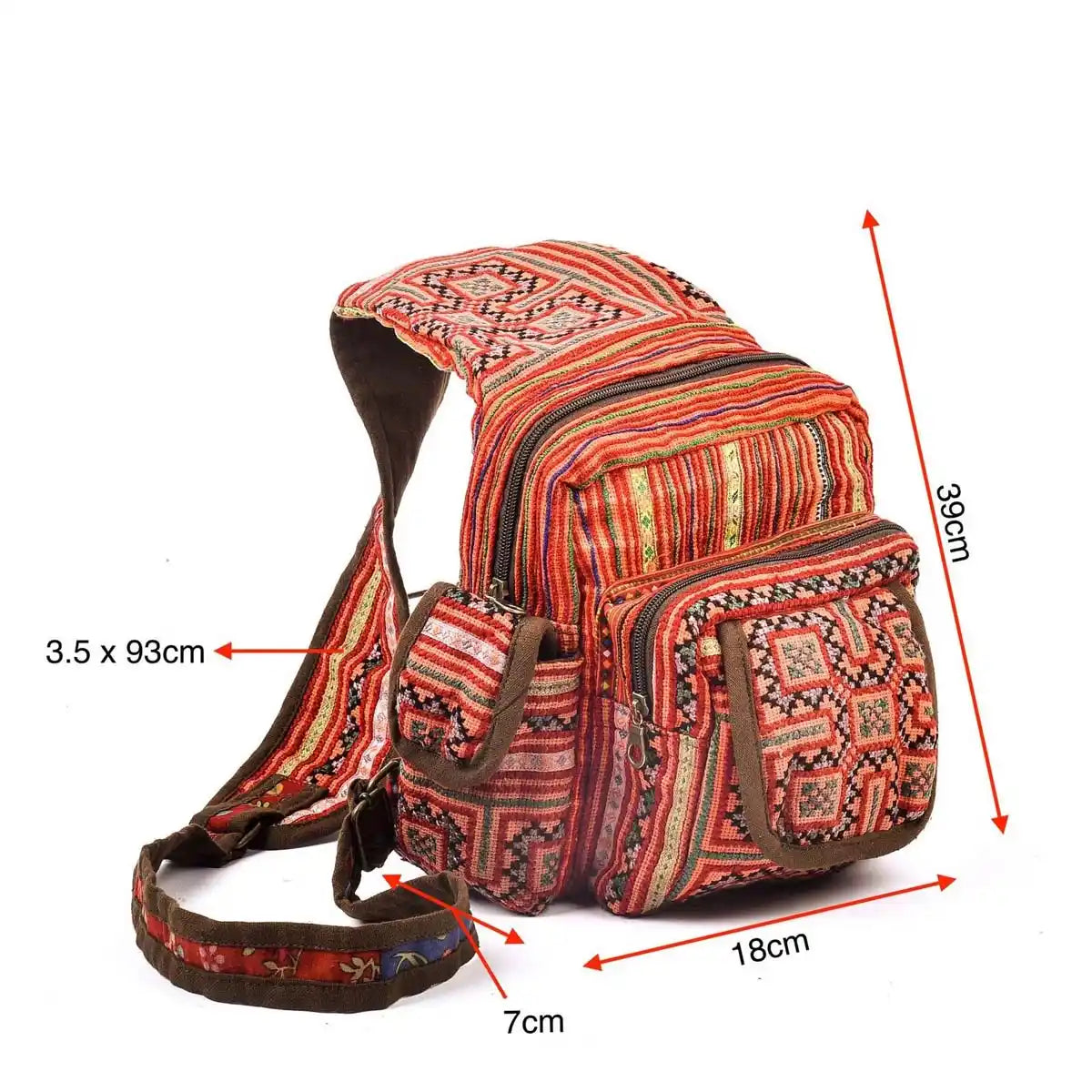 Vindigo blue hemp tribal backpack with size measurements