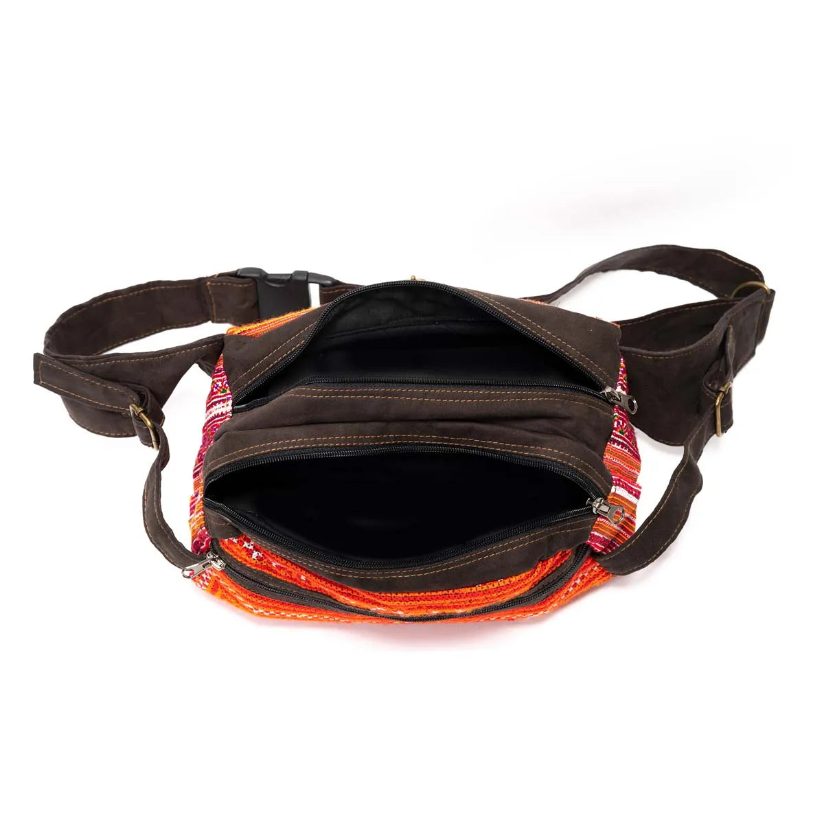 Vindigo orange embroidered waist bag with faux leather front view