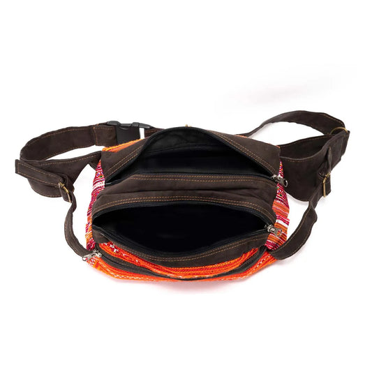 Vindigo orange embroidered waist bag with faux leather front view