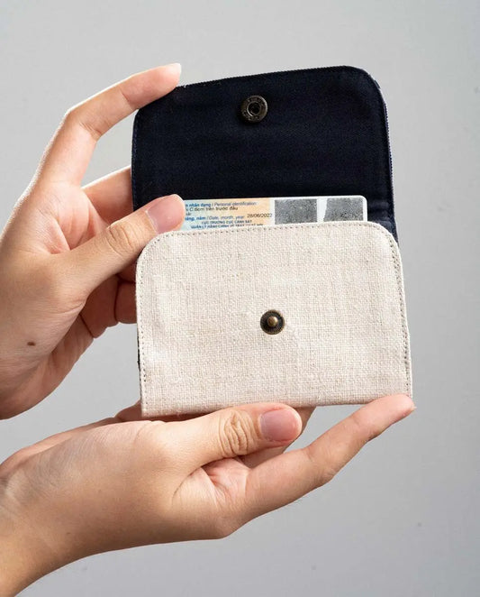 Vindigo hemp batik cardholder open showing magnet clasp and compartments