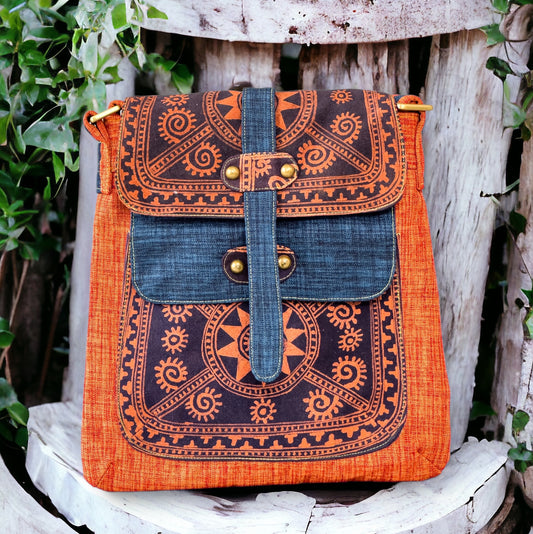 Batik cross-body bag, hand-drawn batik pattern, saffron spice orange