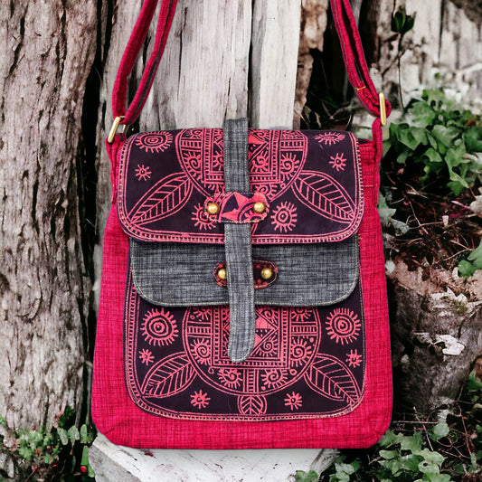 Batik cross-body bag, hand-drawn batik pattern, phoenix red