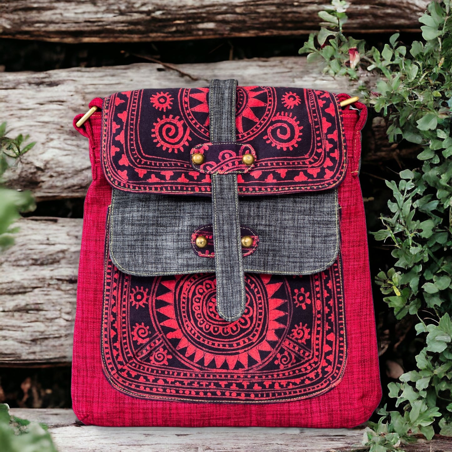 Batik cross-body bag, hand-drawn batik pattern, phoenix red, sun pattern