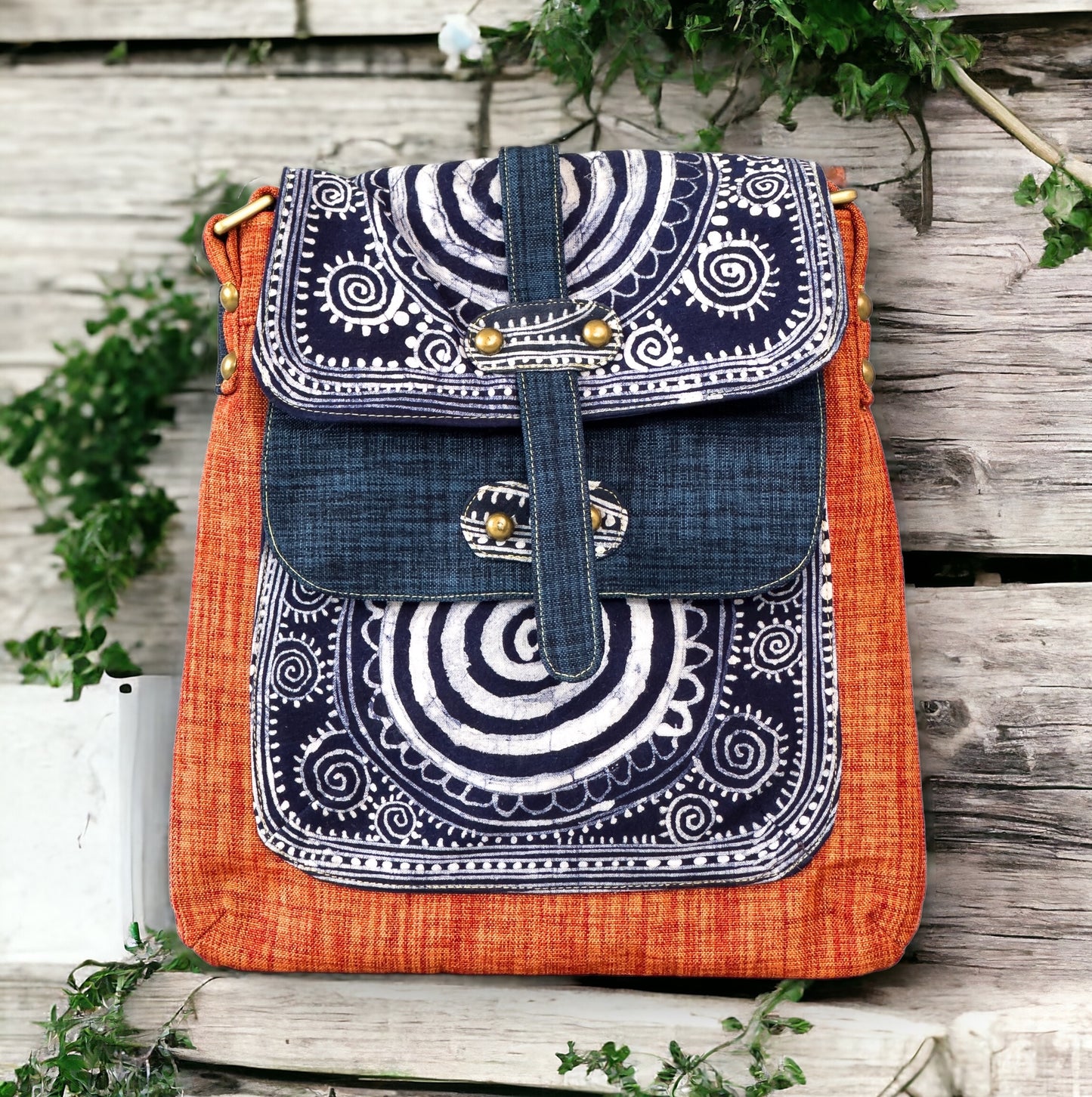 Batik cross-body bag, hand-drawn batik pattern, saffron spice orange, sun pattern