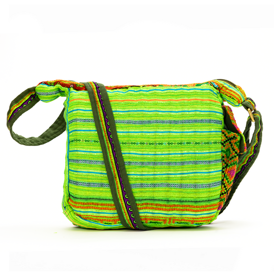 Boho-style linen, embroidery cross-body bag, H'mong tribal pattern in Neon GREEN
