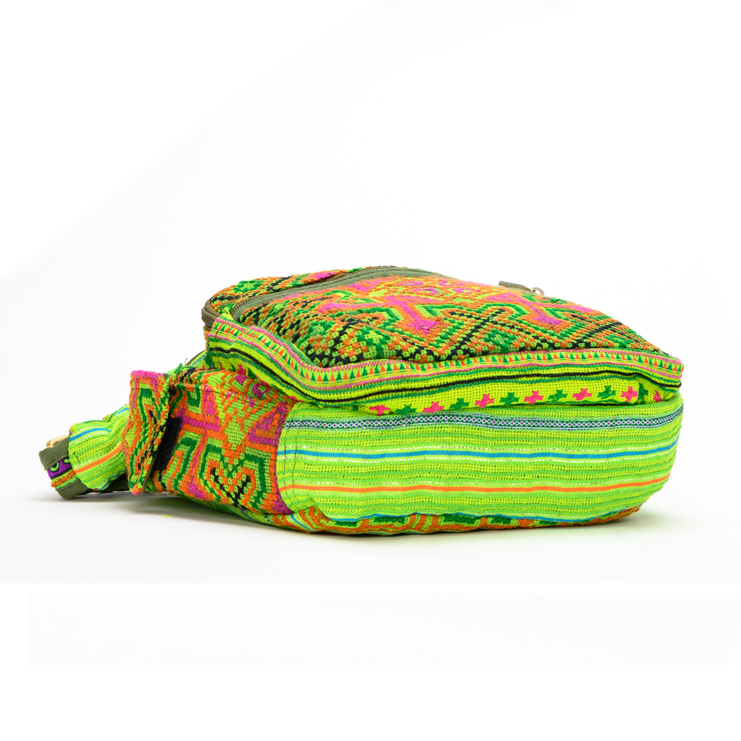 Boho-style linen, embroidery cross-body bag, H'mong tribal pattern in Neon GREEN