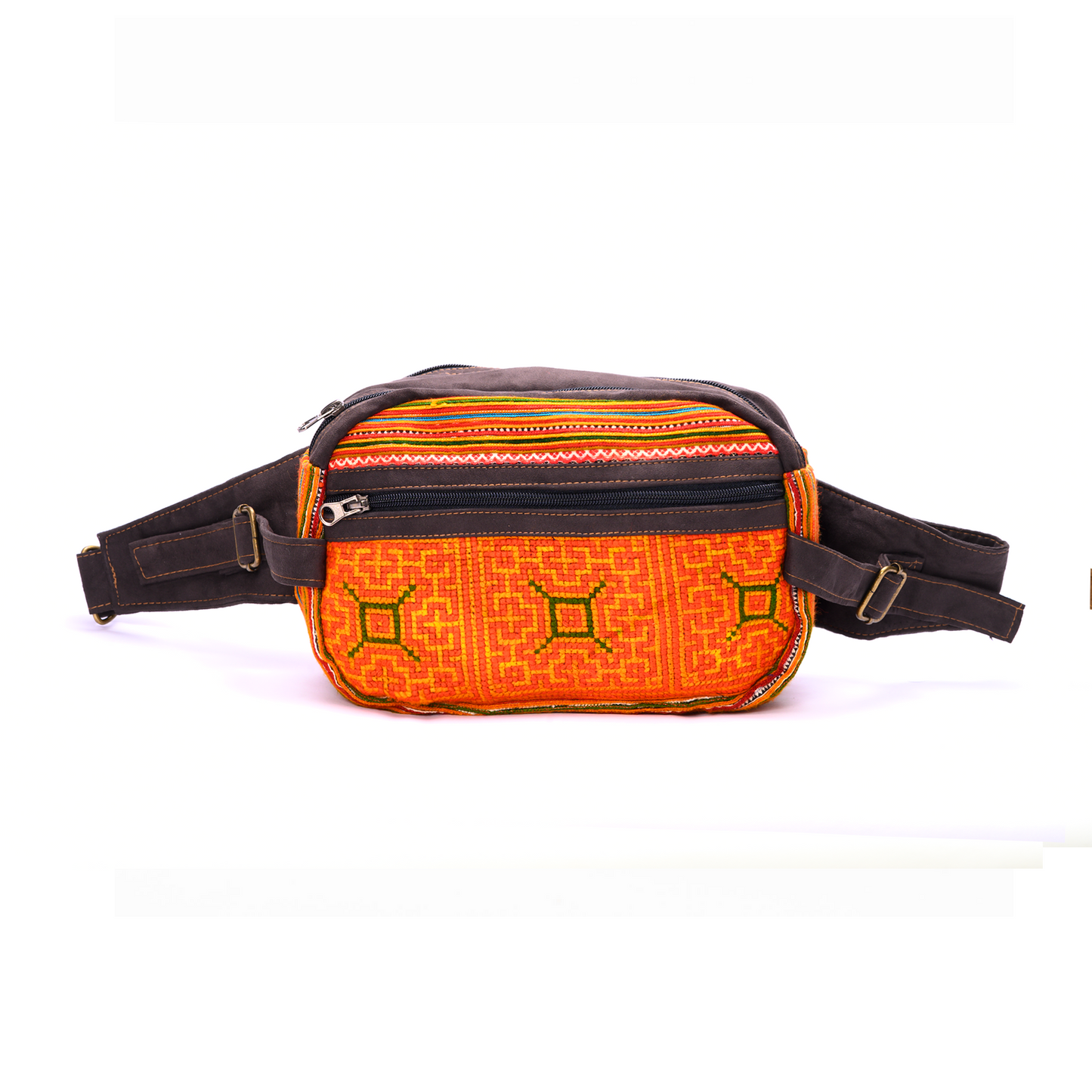 Bright Orange Waist bag, embroidery and faux leather