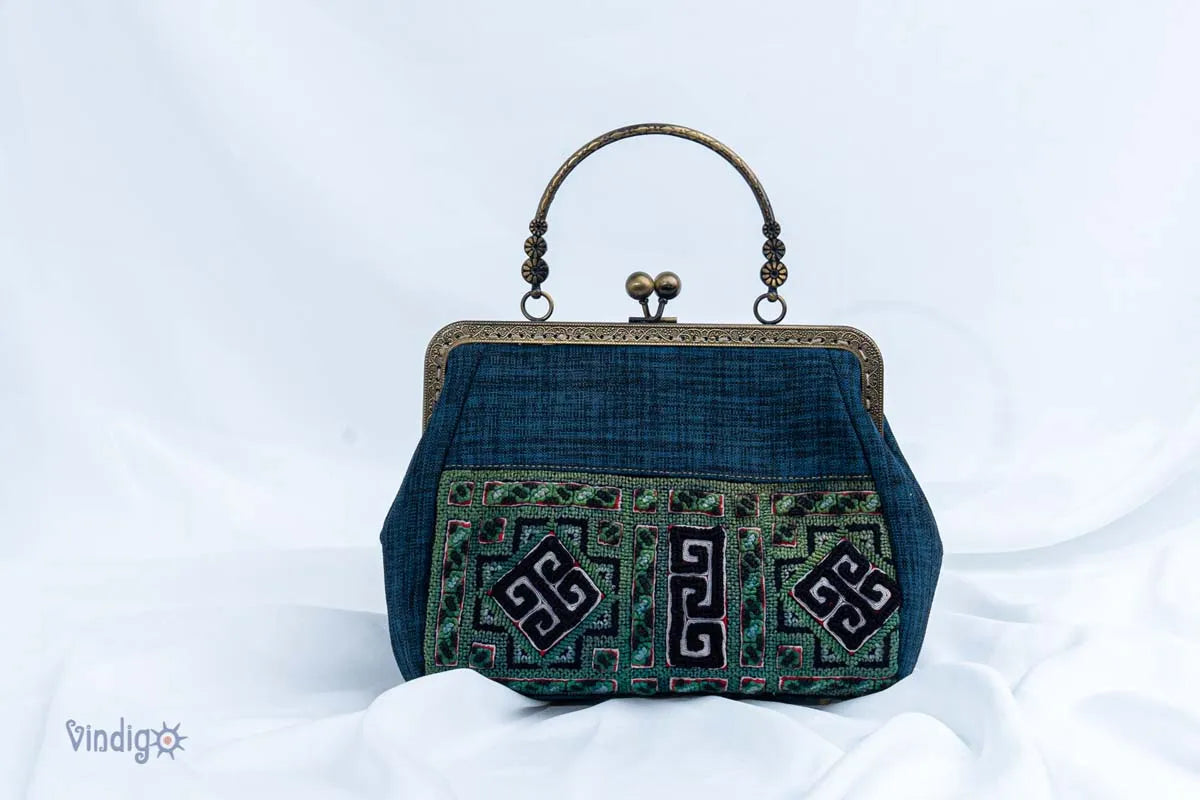Vindigo blue vintage embroidery handbag with tribal motif front view