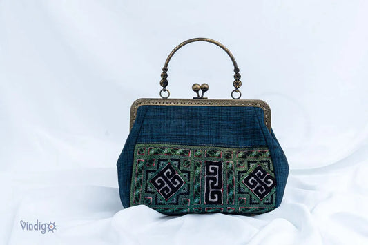 Vindigo blue vintage embroidery handbag with tribal motif front view