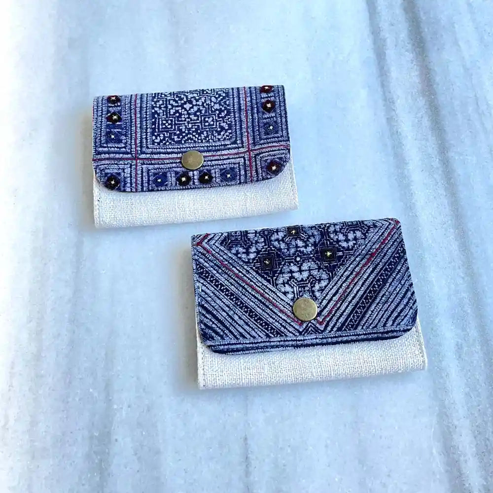 Vindigo indigo batik flap cardholder with white hemp base flatlay