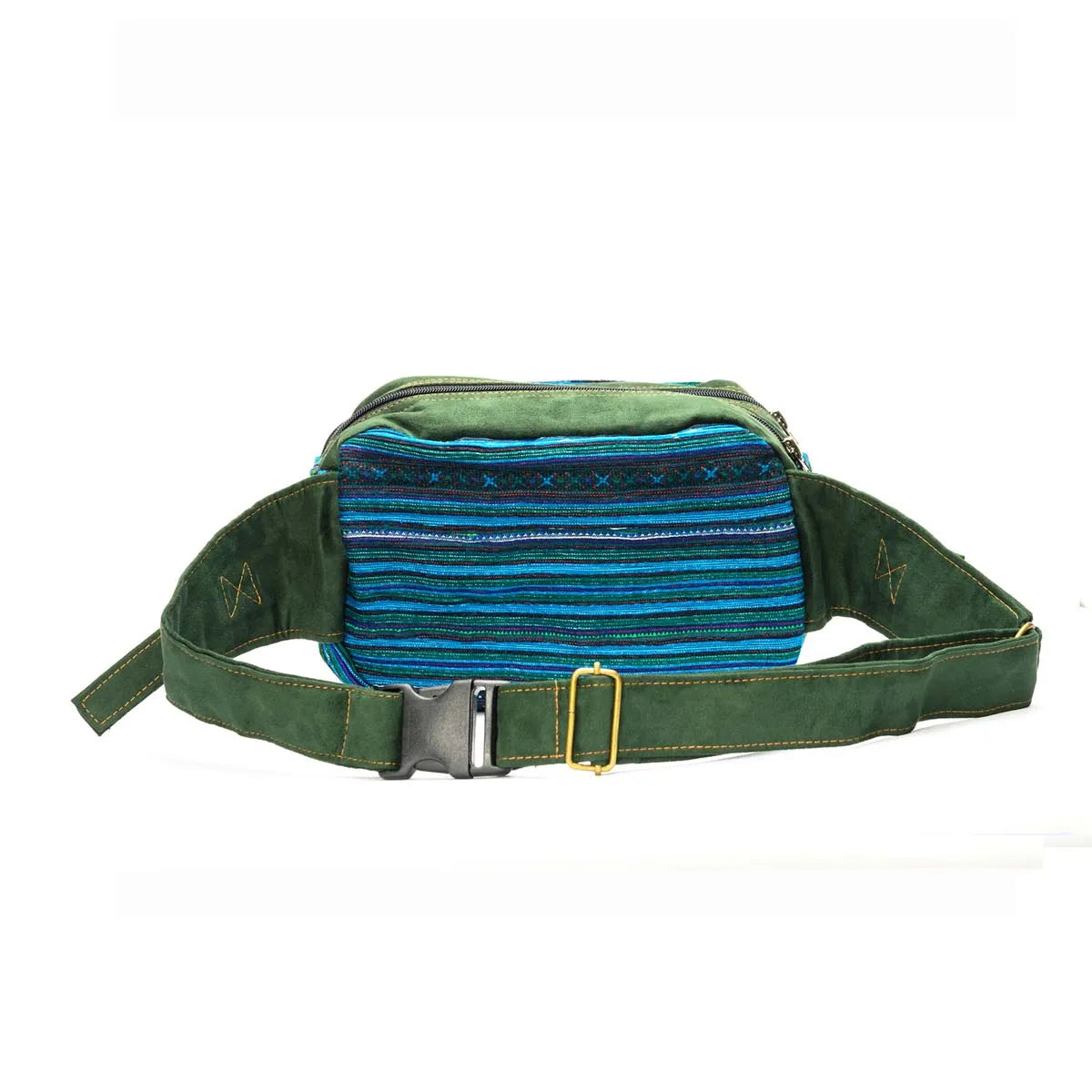 Vindigo waist bag with blue H’mong embroidery and green strap front view