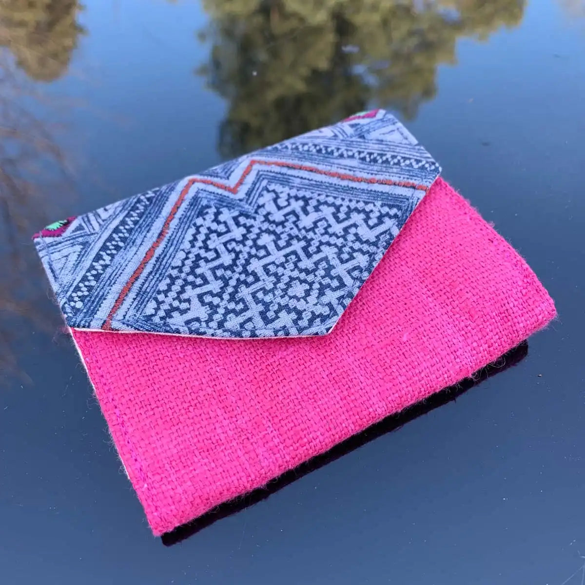 Vindigo pink wallet with H’mong batik pattern flap