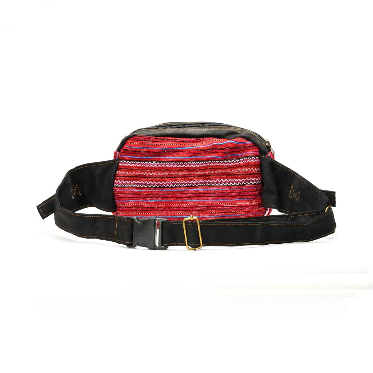 Vindigo red embroidered waist bag with faux leather strap front view