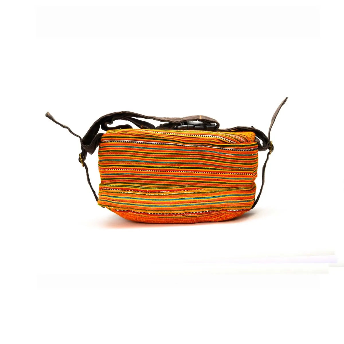 Vindigo orange embroidered waist bag back view with striped fabric panel