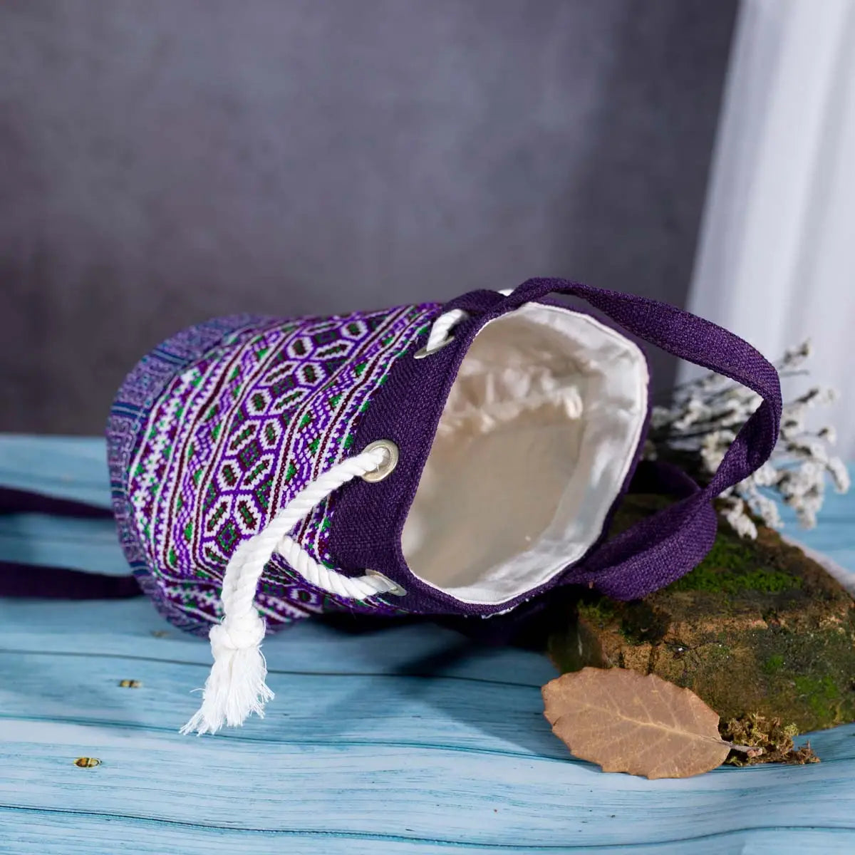 Vindigo purple embroidered canvas bucket bag open top view