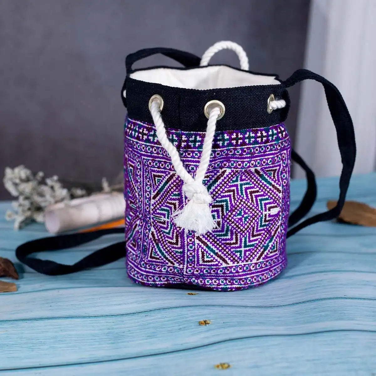 Vindigo purple hemp geometric bucket bag side view with drawstring