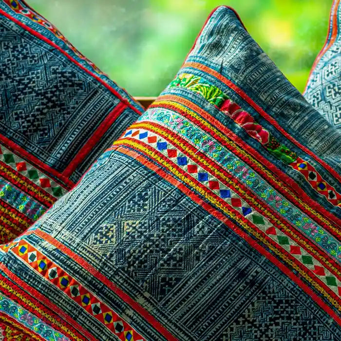 Vindigo cushion cover grey H’mong batik embroidery detail close-up