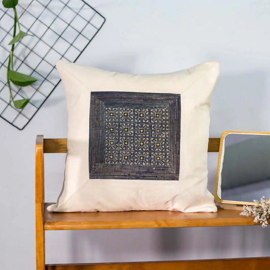 Vindigo beige cotton cushion cover with indigo batik square front view