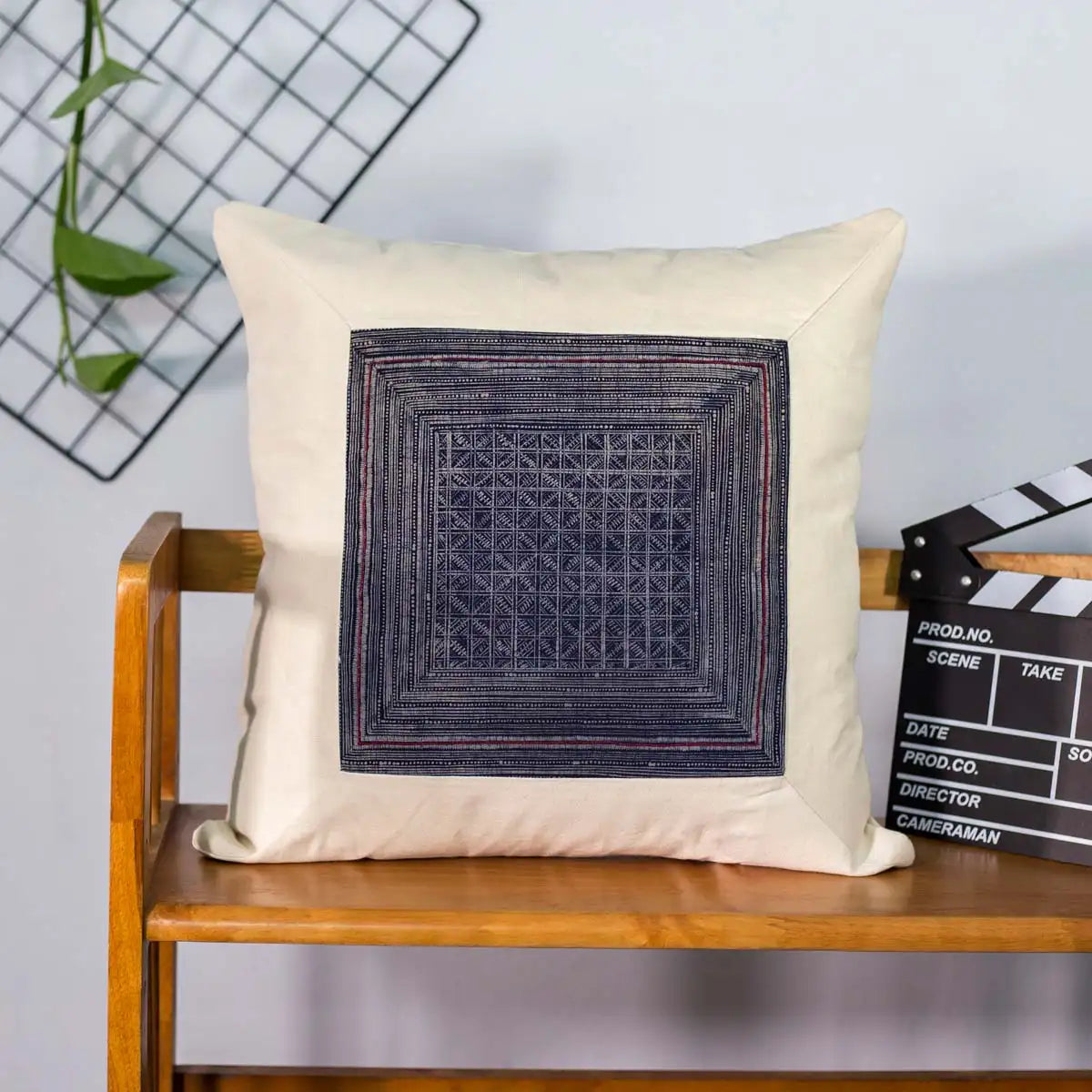 Vindigo beige cotton cushion cover with indigo batik square front view
