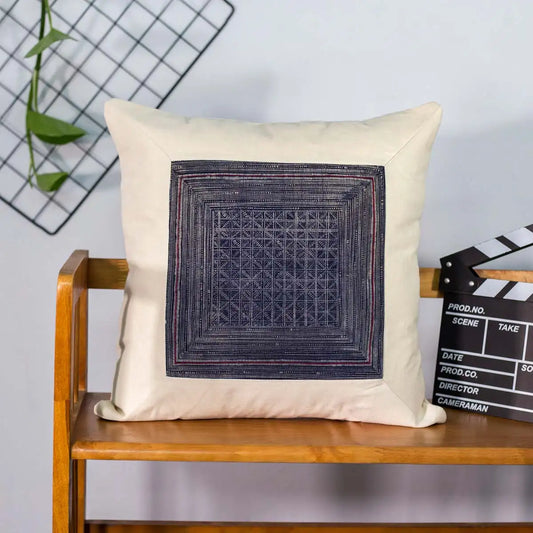 Vindigo beige cotton cushion cover with indigo batik square front view