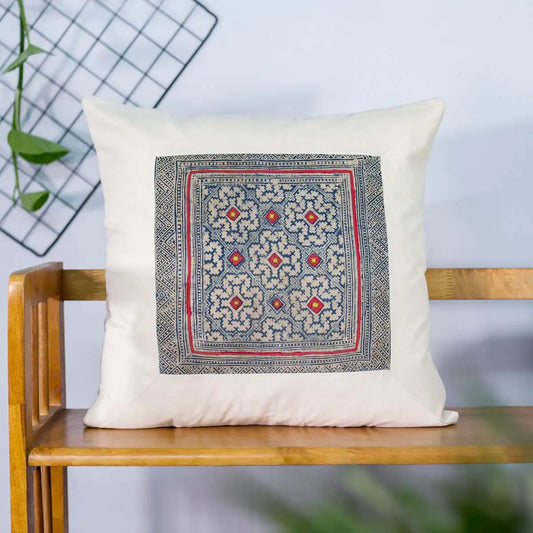 Vindigo beige cotton cushion cover with red floral embroidery front view