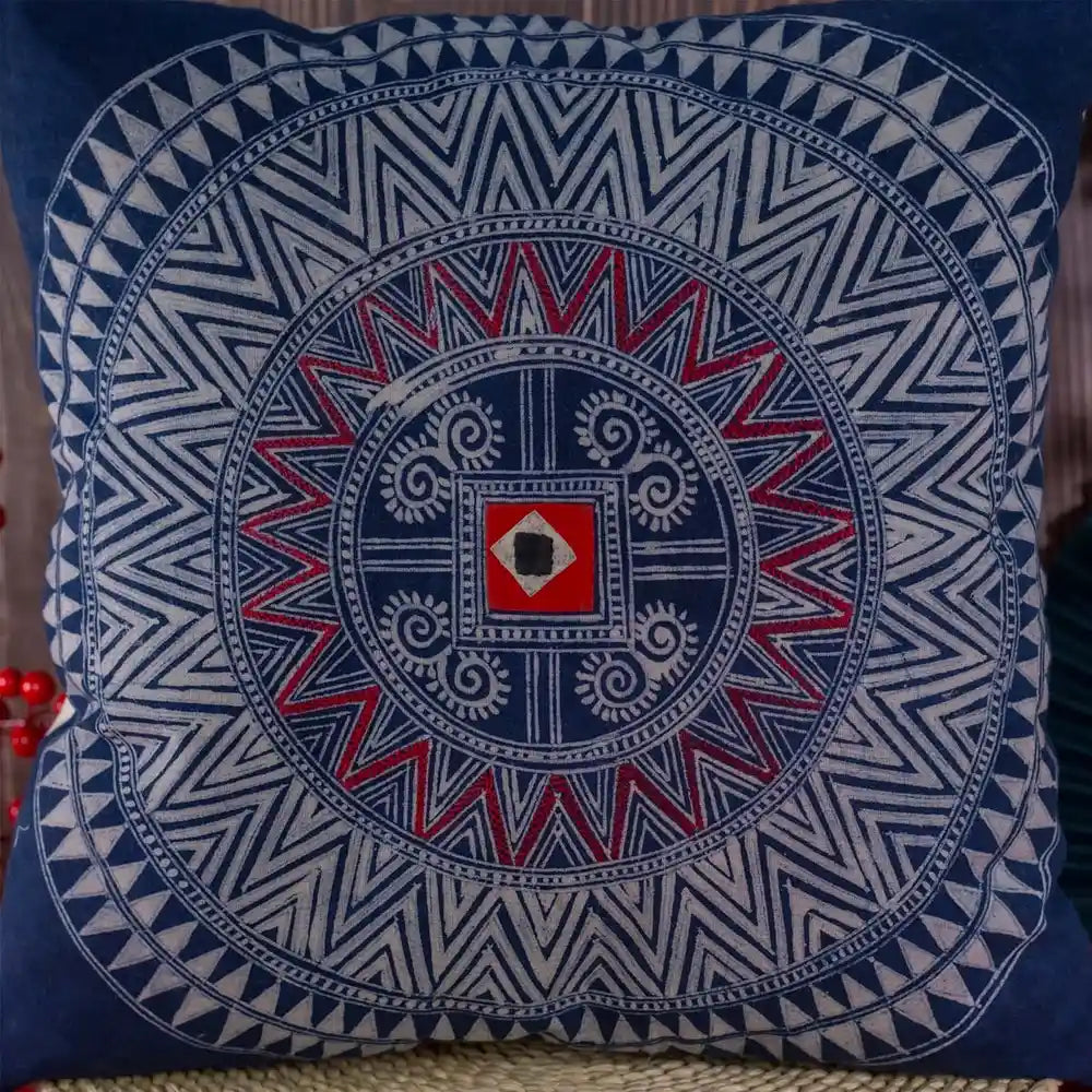 Vindigo hand-drawn batik cotton cushion cover with red accent front view