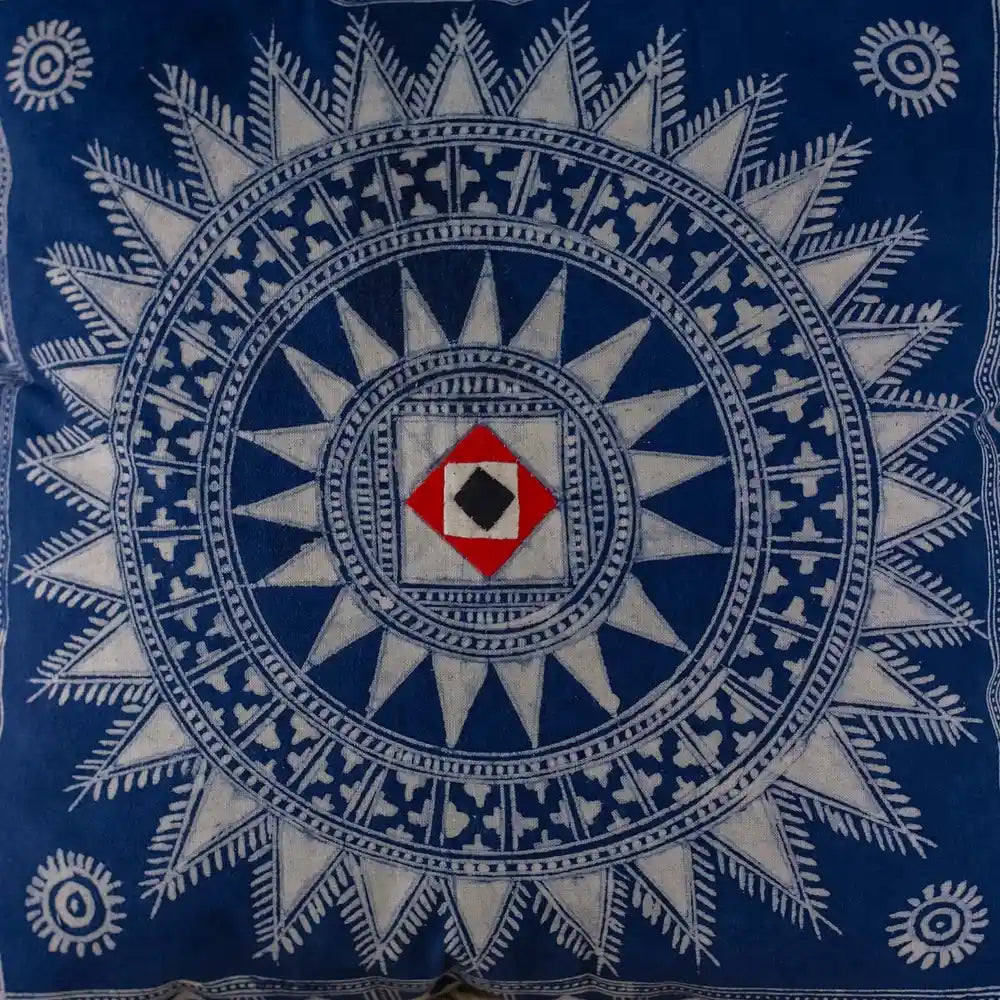 Vindigo indigo batik cotton cushion cover with hand-drawn motif front view