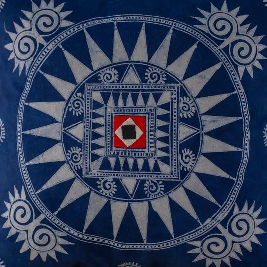 Vindigo indigo batik cushion cover with white and red sun pattern front view