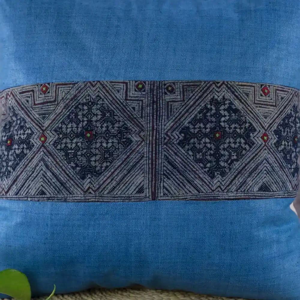 Vindigo blue hemp embroidered cushion cover central panel detail