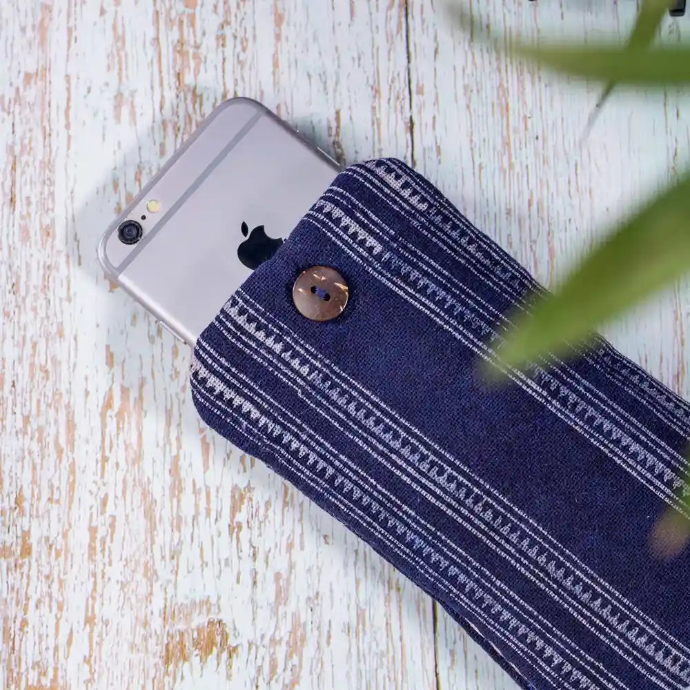 Vindigo indigo striped phone case with phone partially inside