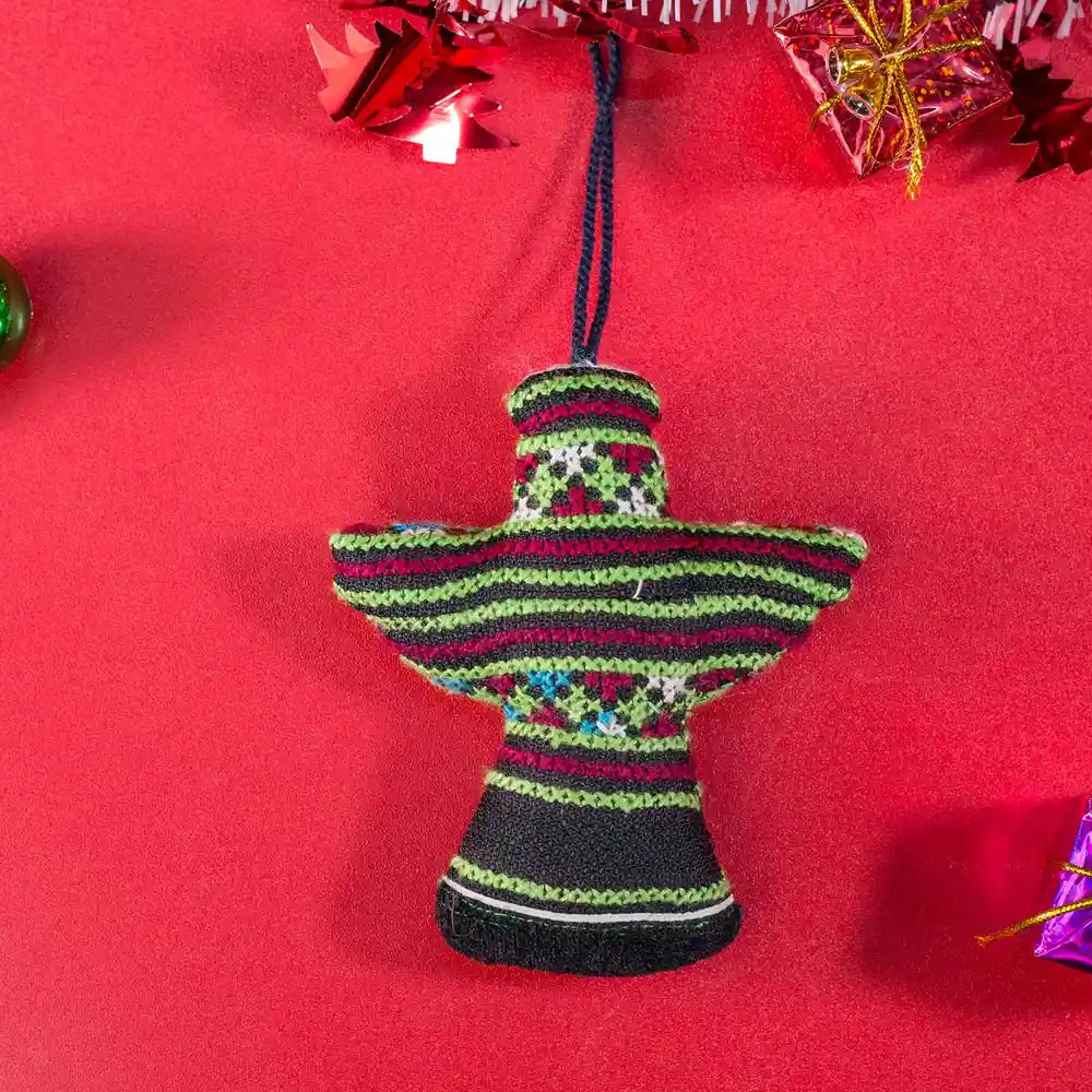 Vindigo green tribal embroidered bell-shaped Christmas ornament front view