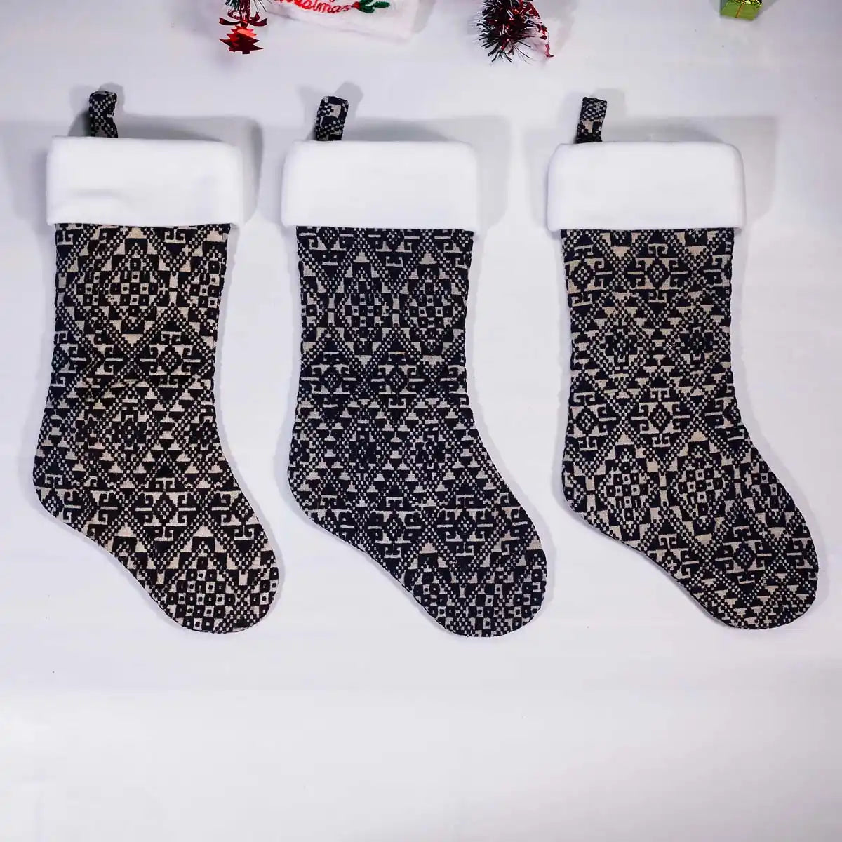Vindigo black tribal embroidery Christmas stockings with white cuff front view