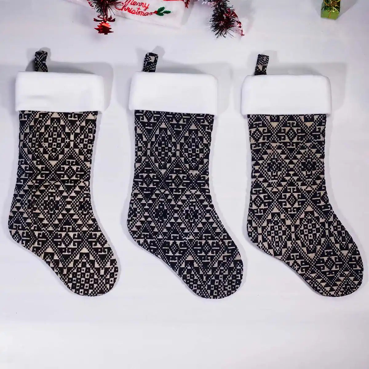 Vindigo black tribal embroidery Christmas stockings with white cuff front view