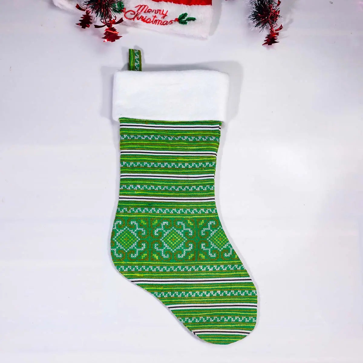 Vindigo green H’mong embroidered Christmas stocking front angle