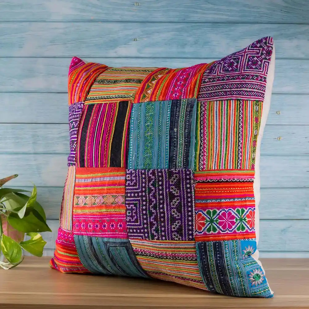 Vindigo handmade multicolor tribal patchwork cushion cover upright view