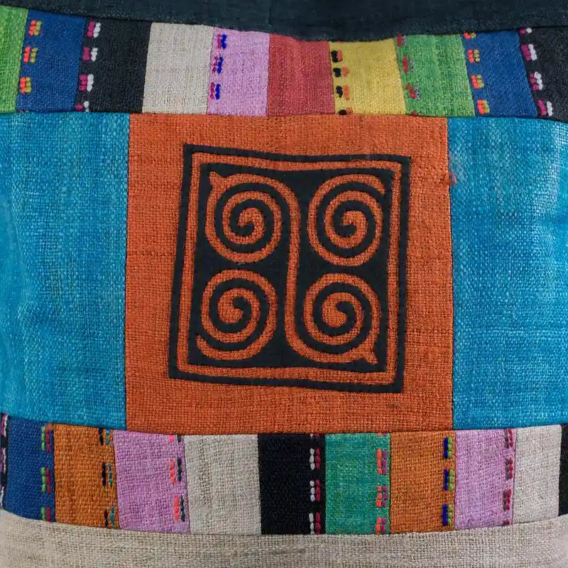 Vindigo shoulder bag teal hemp hand-embroidered spiral patch detail