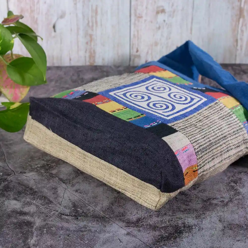 Vindigo shoulder bag blue hemp white spiral patch base and side view