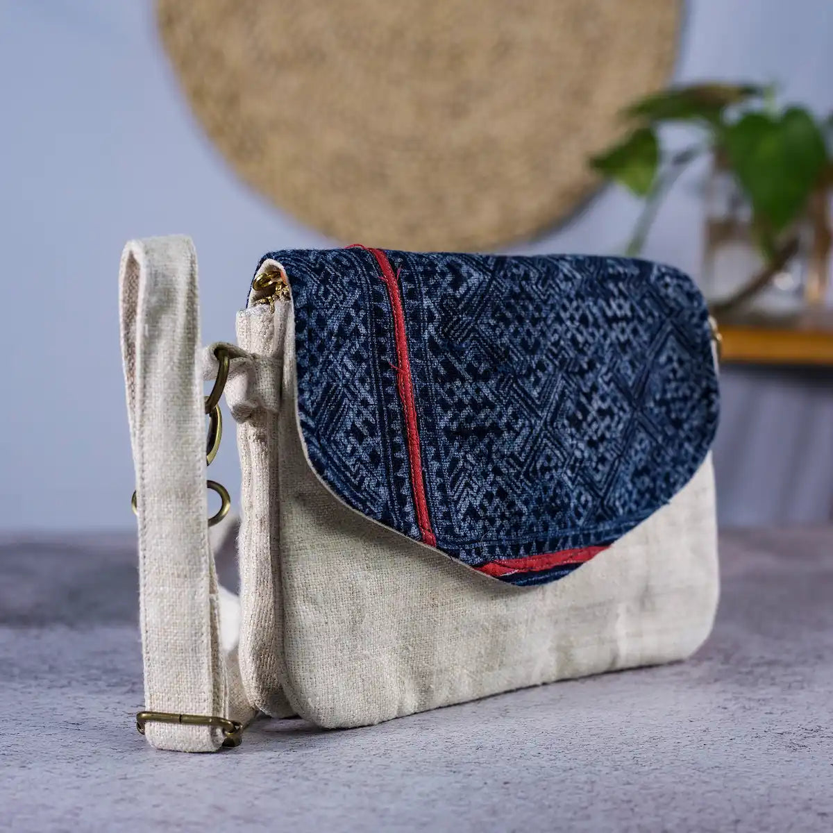 Vindigo natural hemp crossbody bag with indigo batik flap side angle