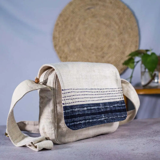 Vindigo handwoven hemp crossbody bag with batik flap side angle