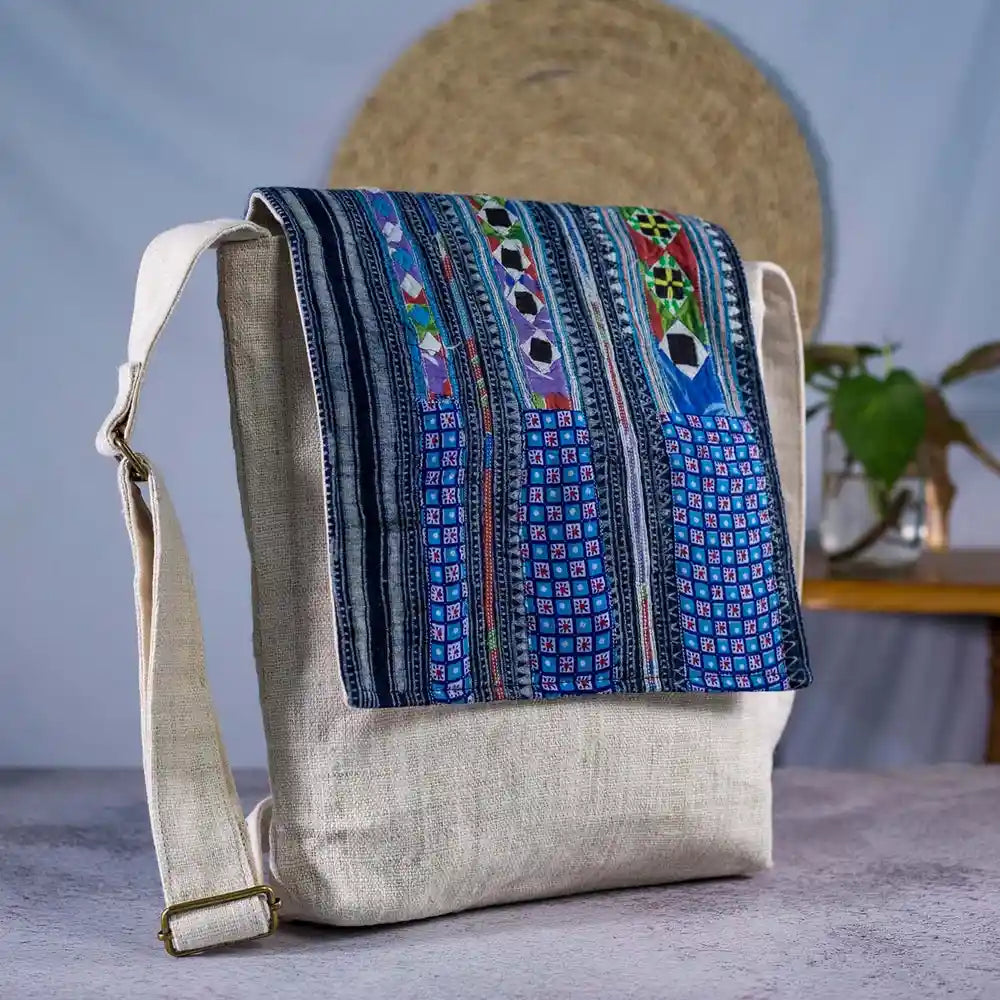 Vindigo handwoven hemp crossbody bag with indigo batik flap side angle